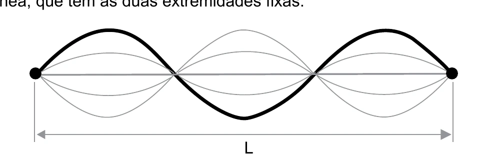 Onda estacionária em corda com as duas extremidades fixas, formando 2 loops (2 fusos) ao longo do comprimento L